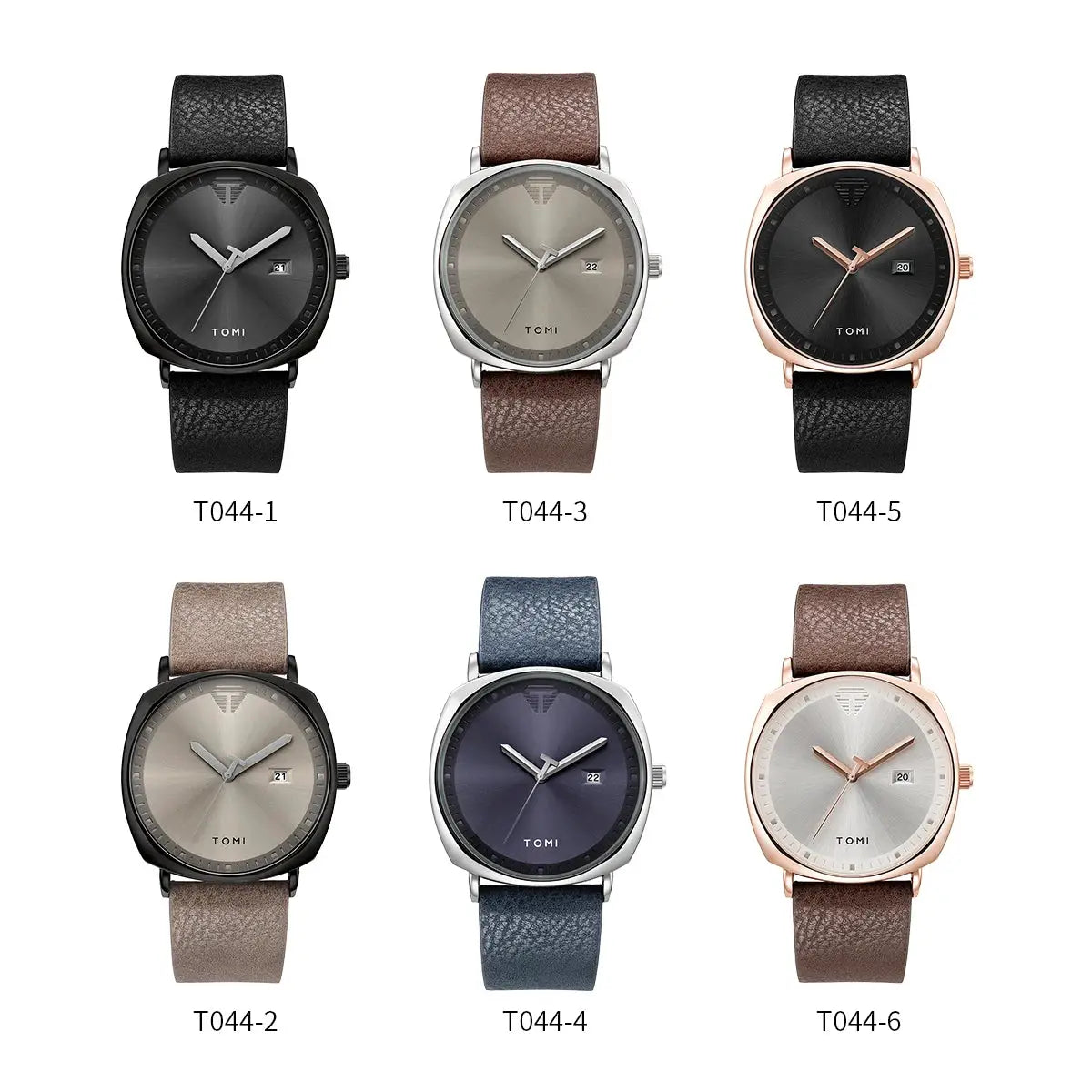 Six TOMI men's minimalist leather quartz watches by Simples Market, each with calendar date display.