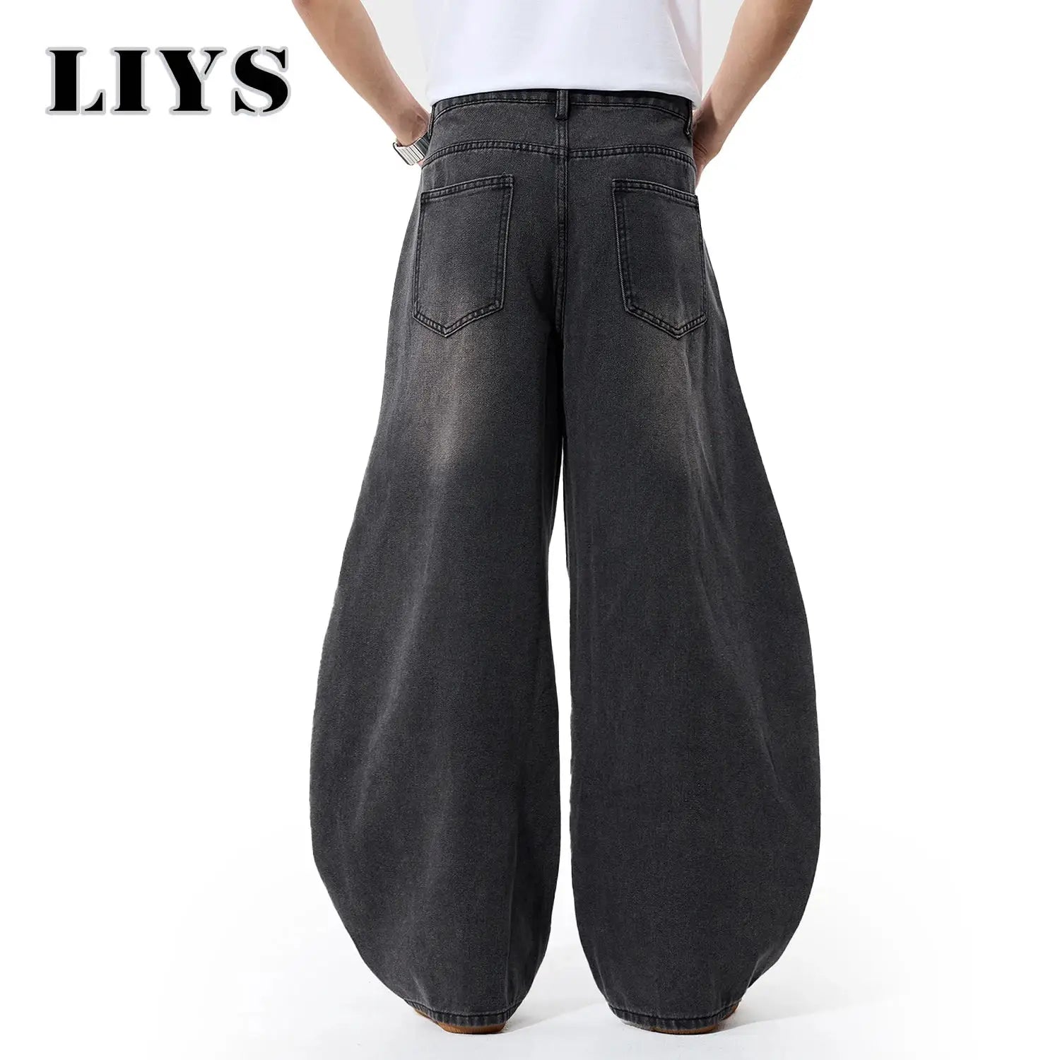Simples Market men's baggy wide-leg denim jeans in charcoal-black wash, back view