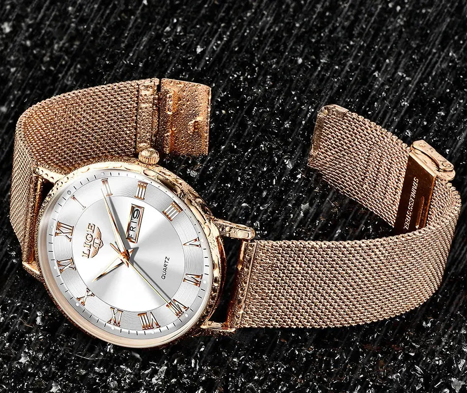 LIGE women’s luxury quartz watch with rose-gold stainless steel mesh band and silver dial.