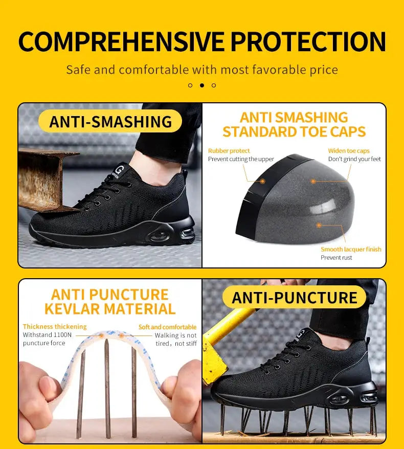 Simples Market Air Cushion Work Safety Shoes, black breathable steel-toe sneakers for men and women.
