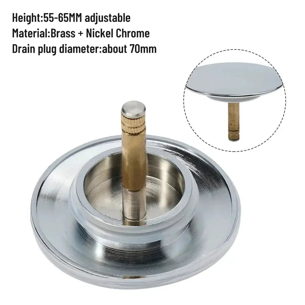 Simples Market 70mm bathtub drain stopper, silver chrome base with brass stem.