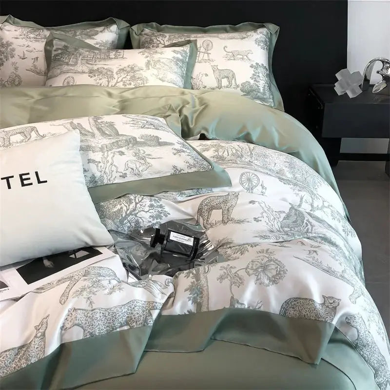 Bedding set includes duvet cover, sheets and pillowcases in sage green and white with leopard forest print