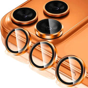 Metal glass camera lens protectors with gold rings for iPhone 17 Pro Max, four circular lens covers.