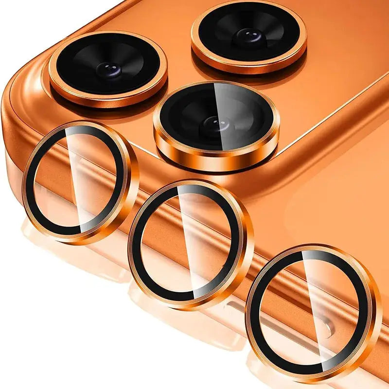 Metal glass camera lens protectors with gold rings for iPhone 17 Pro Max, four circular lens covers.