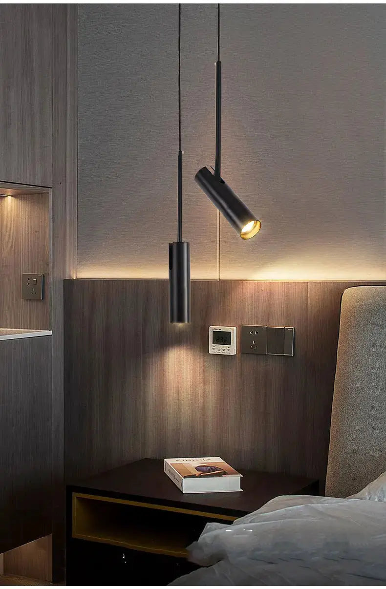 Minimalist LED hanging pendant lights, black cylindrical fixtures, Simples Market, two pendants