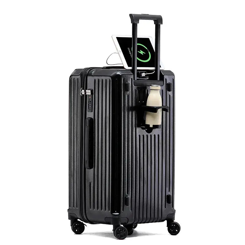 Simples Market black hard-shell suitcase with built-in cup holder and USB charging, 4-wheel carry-on 20/24/26/28 in