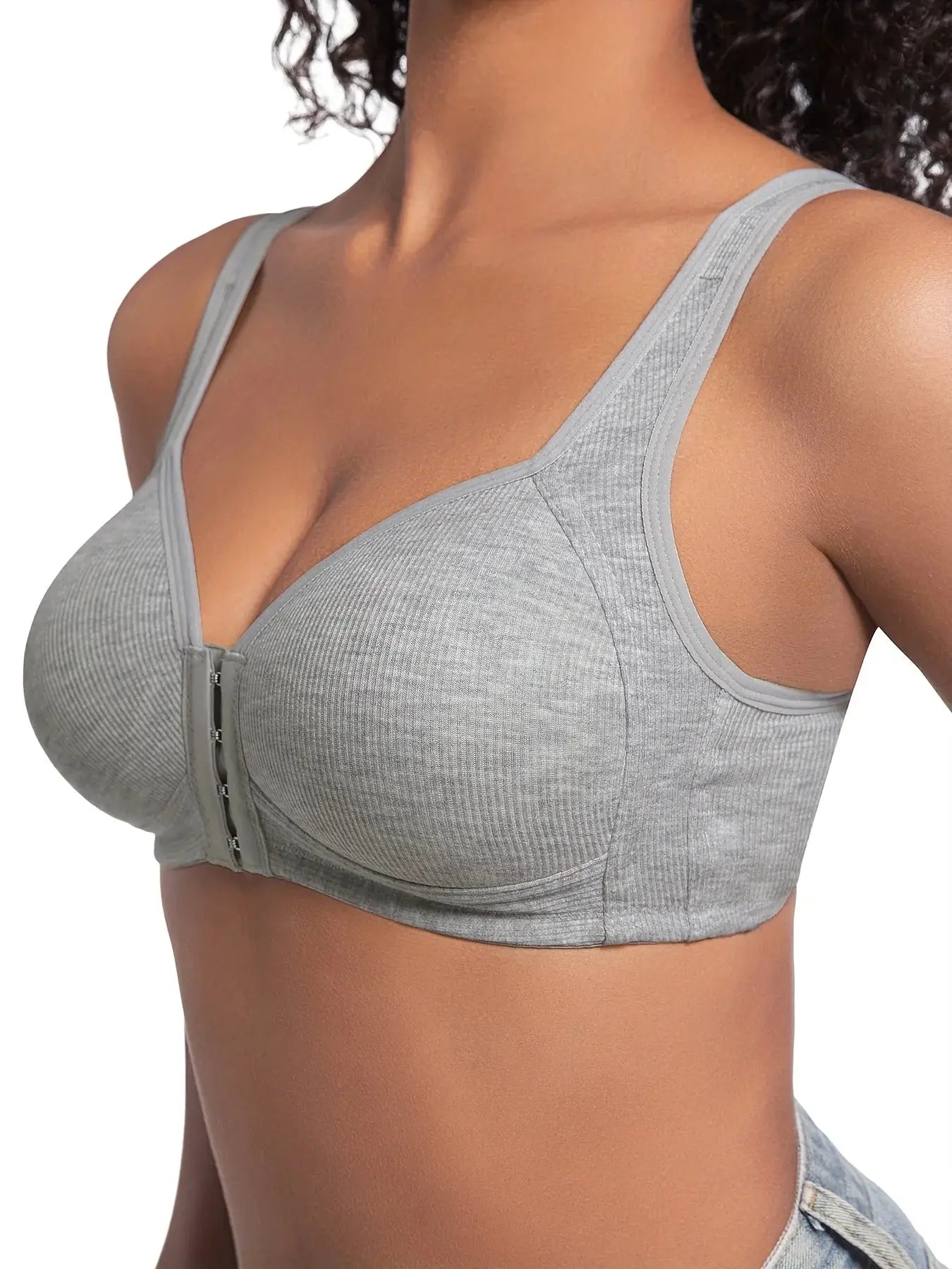 Women's wire-free front-closure bra in gray, full-coverage solid color with front zipper.