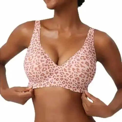 Women's wire-free seamless leopard-print pink bra, full-cup style by Simples Market
