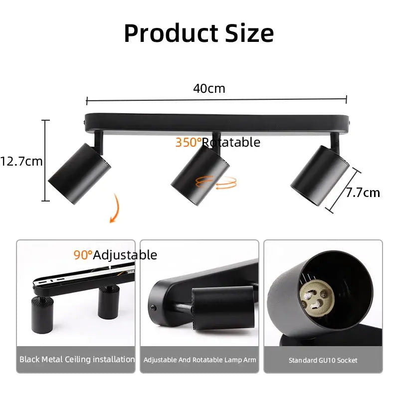 Modern GU10 LED spotlight bar with three black adjustable ceiling lights on a 40 cm track