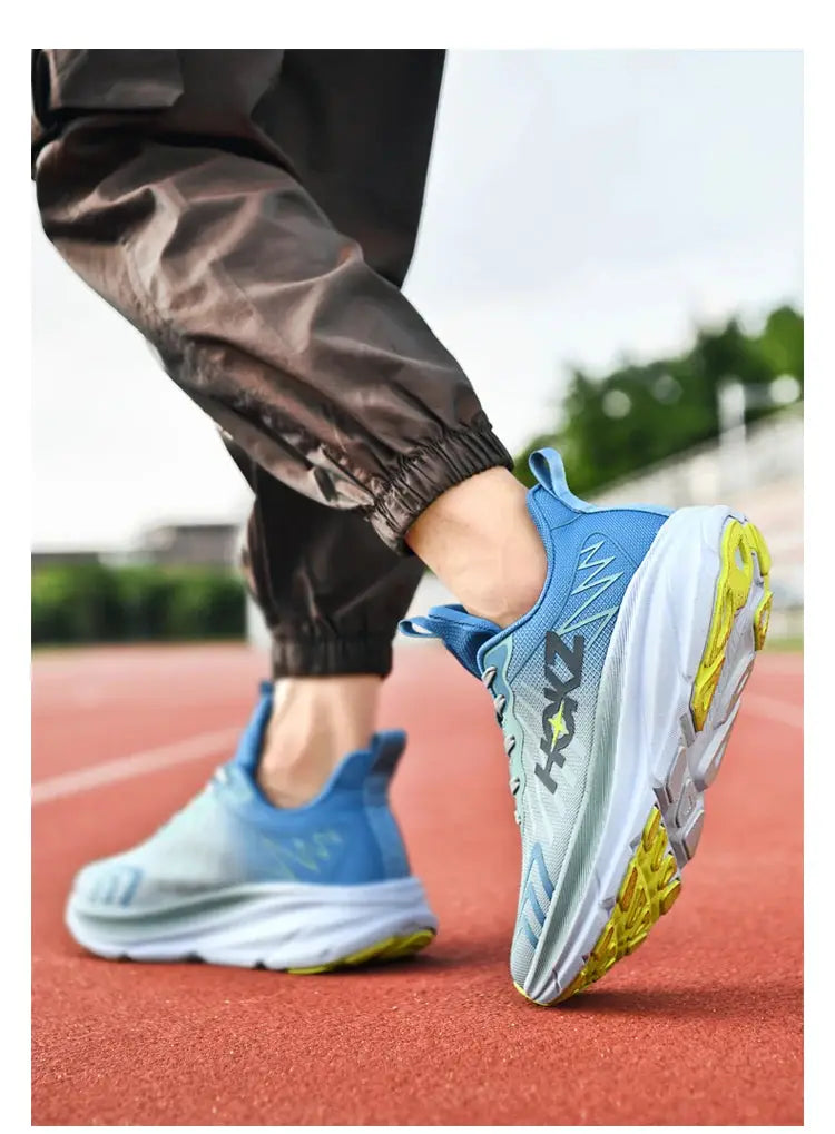 Men's blue breathable mesh running shoes with cushioned sole and yellow outsole accents