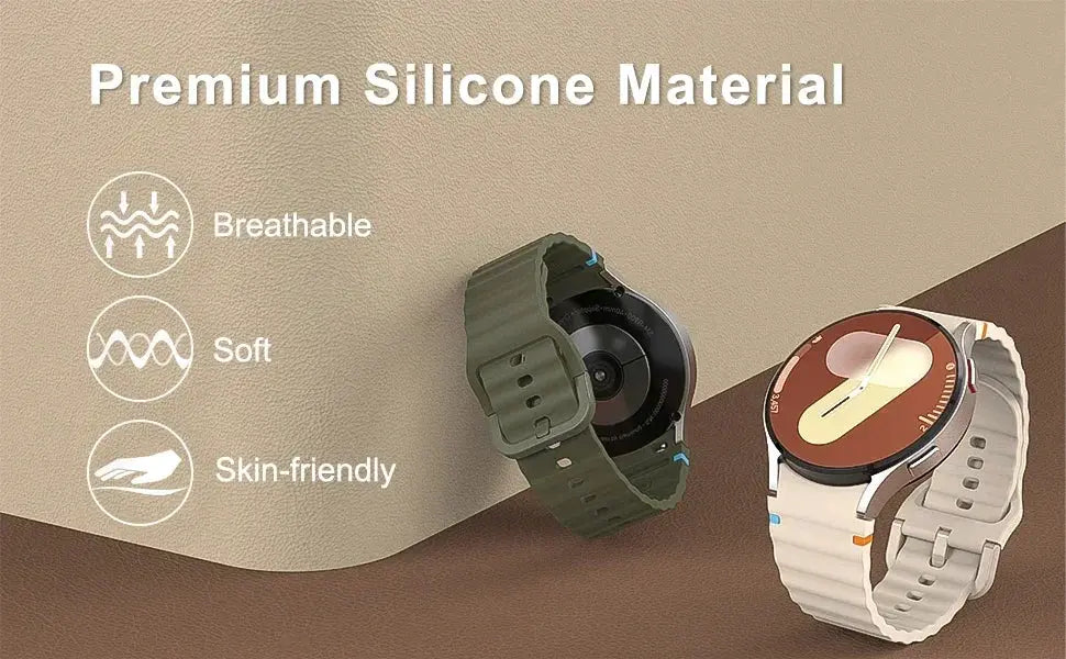 Simples Market Original silicone sport bands for Samsung Galaxy Watch 7/FE/6/5/4, 44mm/40mm, green and beige.