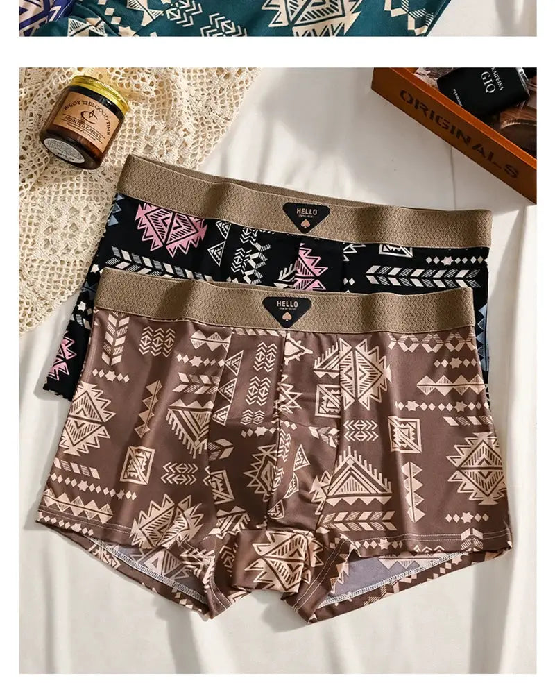 3Pcs boxer shorts set from Simples Market; geometric prints in brown, black and pink with elastic waistbands