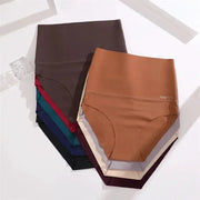 Seamless high-waist shapewear panties in assorted colors, breathable ice silk, FINETOO label visible.