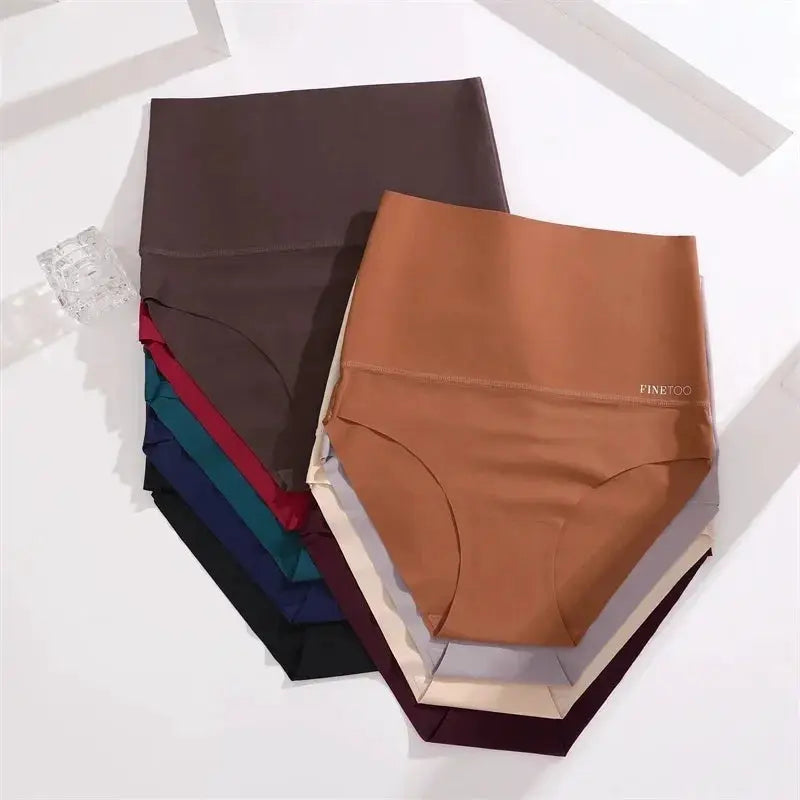 Seamless high-waist shapewear panties in assorted colors, breathable ice silk, FINETOO label visible.