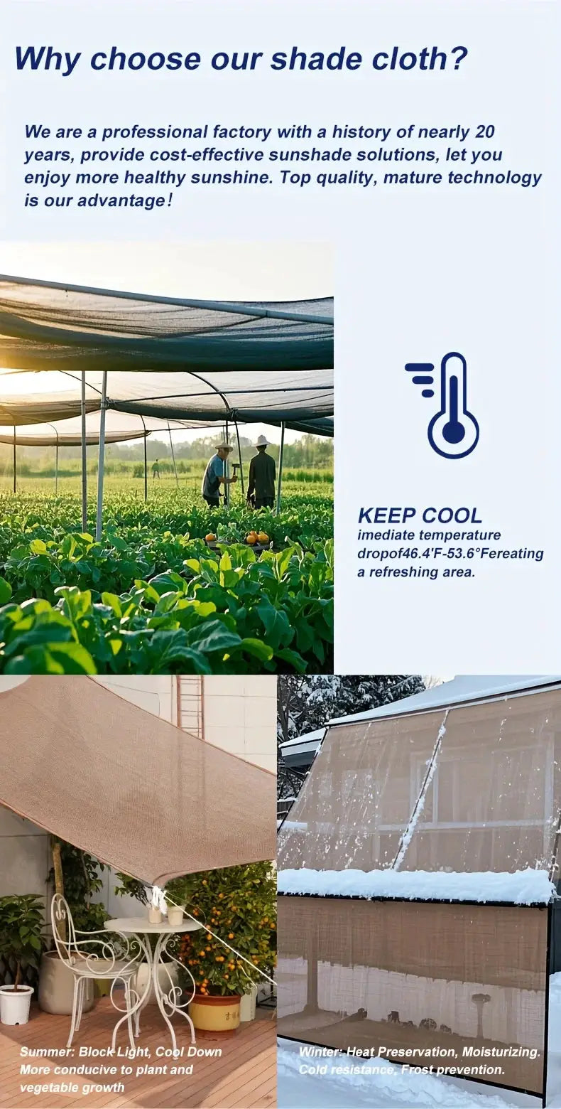 Simples Market garden shade cloth with grommets in green and beige, shown in three layouts for patio, greenhouse, pergola.