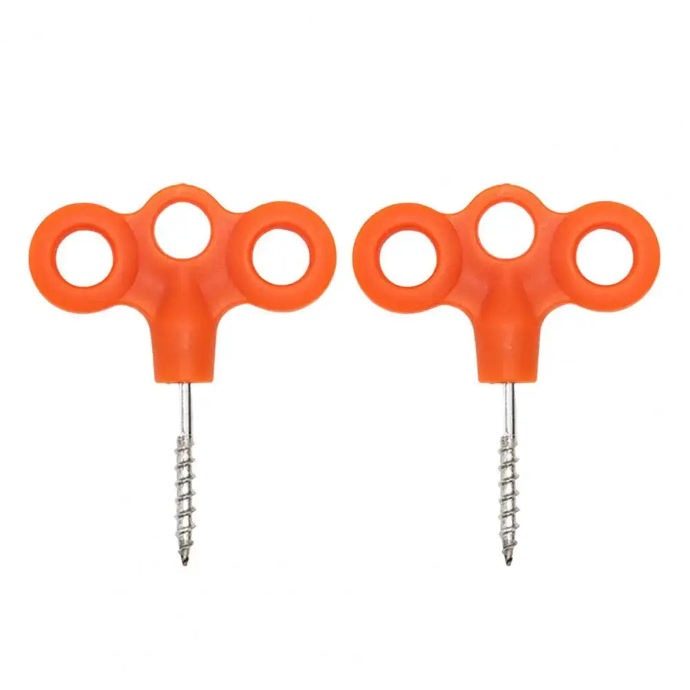 2pcs orange ground anchors with triple-hole handles and screw-in stainless steel tips for outdoor camping
