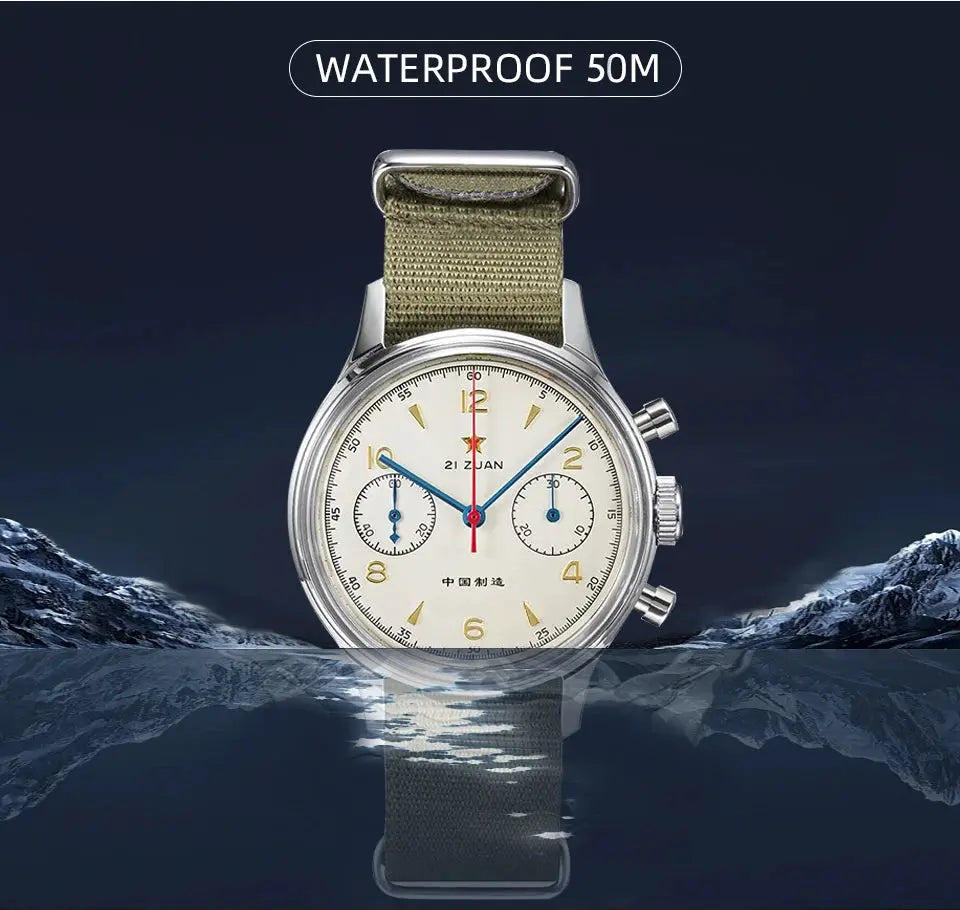 Simples Market chronograph watch with olive nylon strap, white dial, gold numerals, blue hands, 50m waterproof.