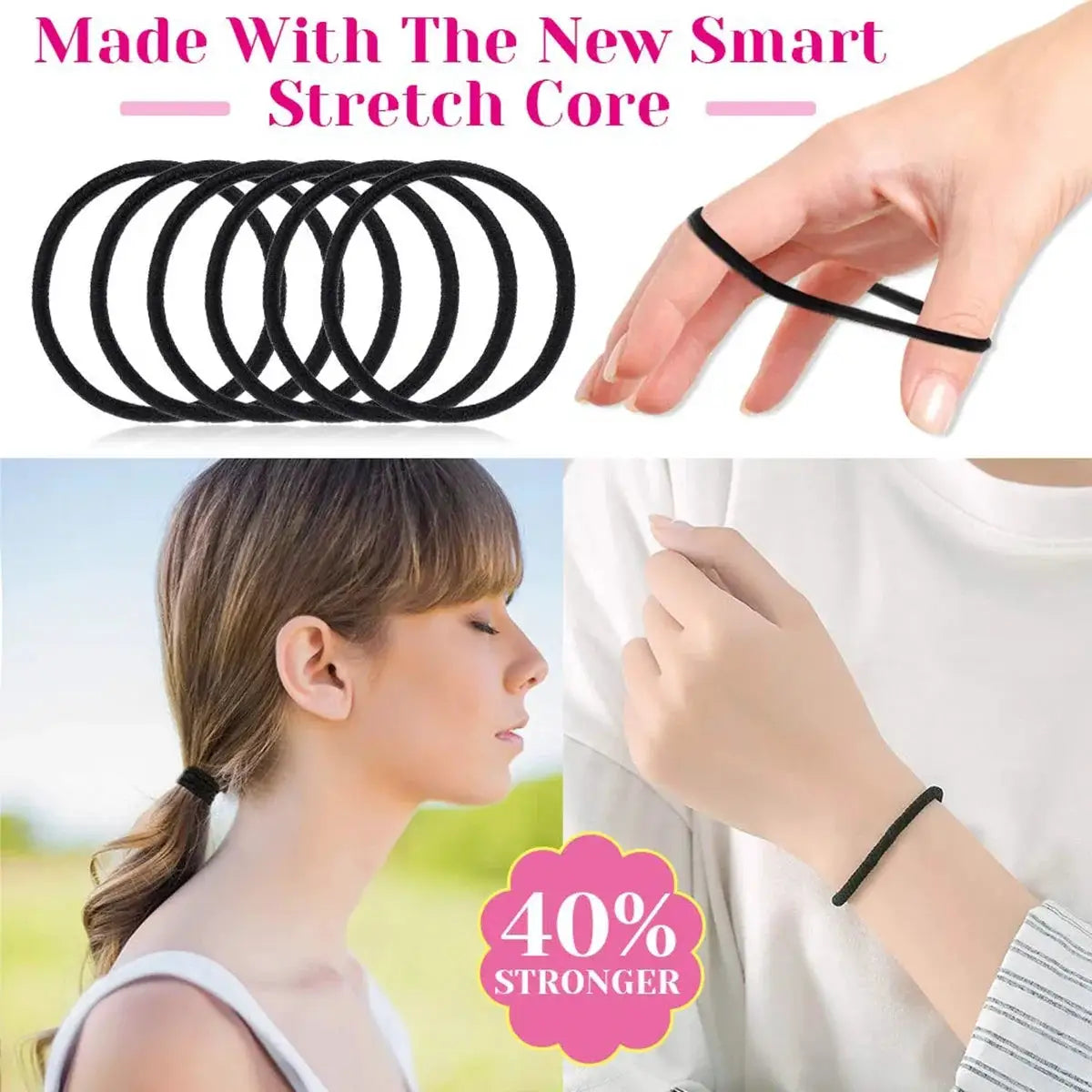FlexiHair Small Black Hair Ties 98 to 200 Pack Durable Elastic Ponytail Holders for Women Girls Babies