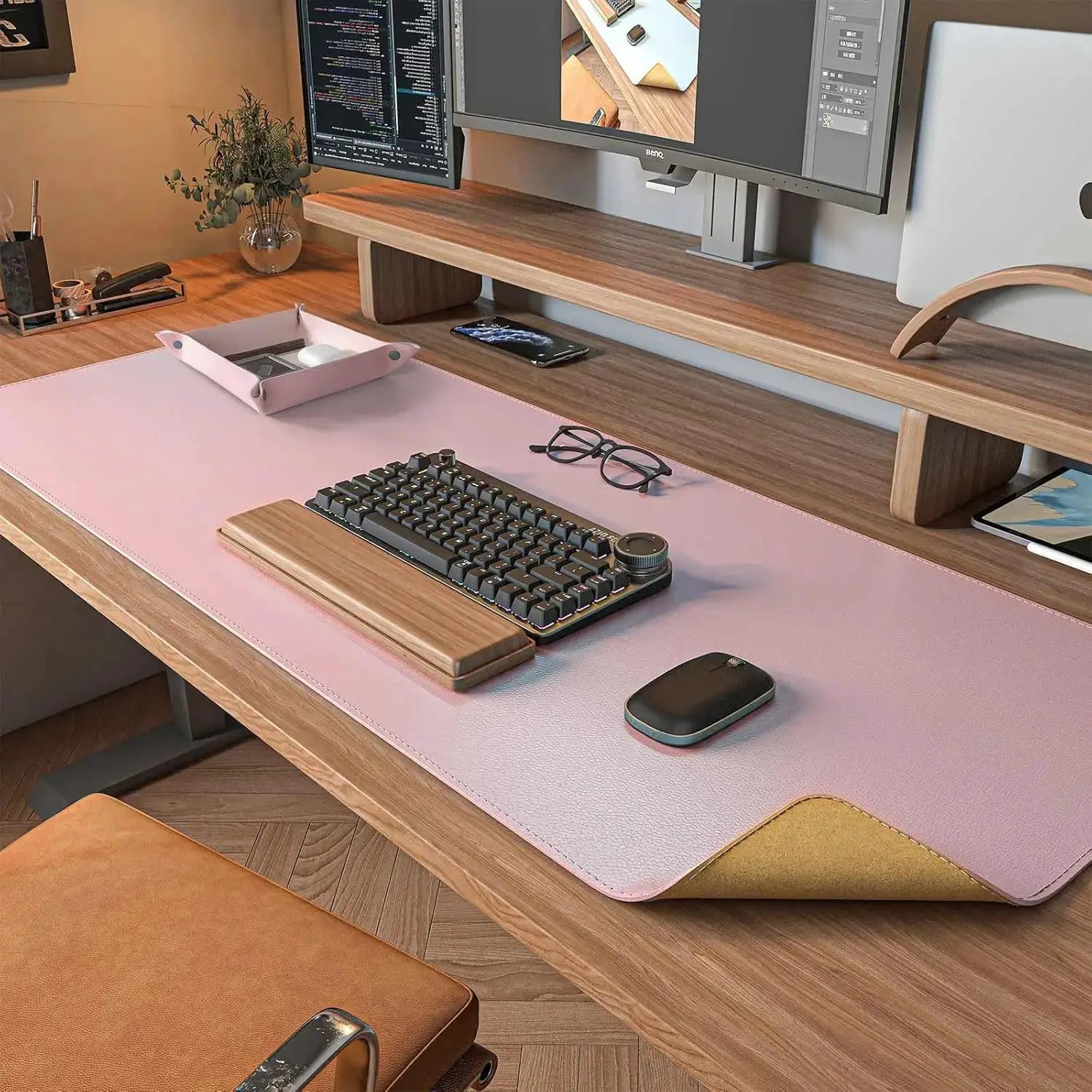 Dual Sided Desk Mat Leather Desk Pad Black Cork Desk Mat Protector Large Mouse Pad Desk Writing Pad for Office and Home
