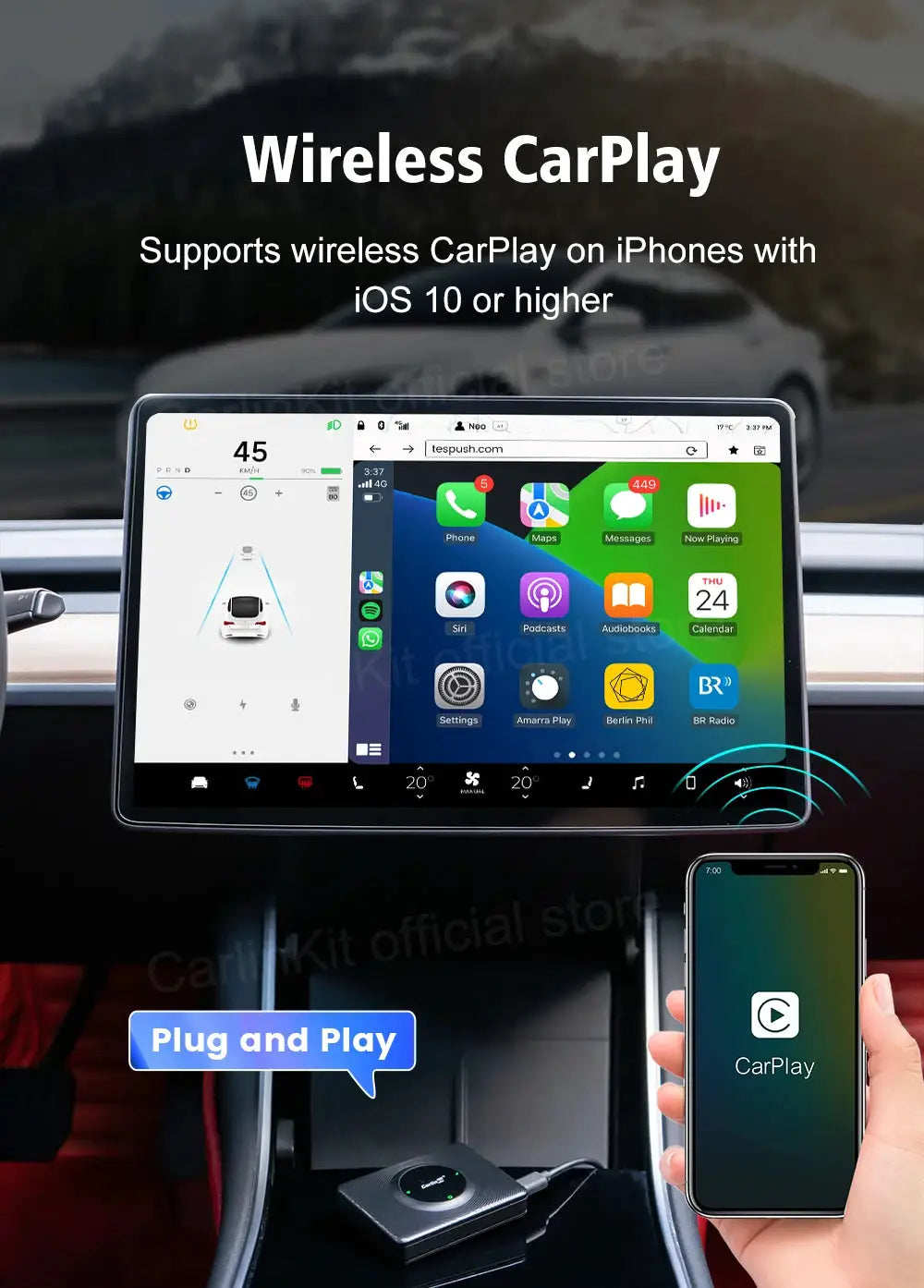 Simples Market T2C CarlinKit Wireless CarPlay/Android Auto car box for Tesla Model 3/Y plug-and-play WiFi Bluetooth