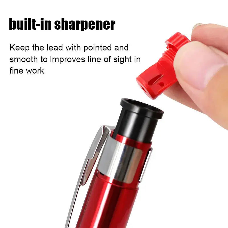 Red metal carpenter pencil with built-in sharpener cap, 2.8mm drawing tool