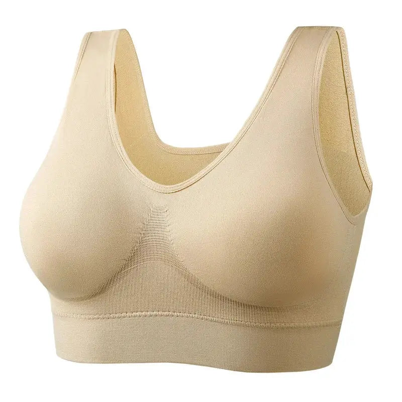 Sports bra beige wireless, double-layer seamless design with no steel ring, plus-size