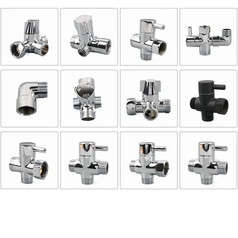 12-piece Simples Market 3-Way brass shower arm adapter diverter valves set; chrome finish with one black unit