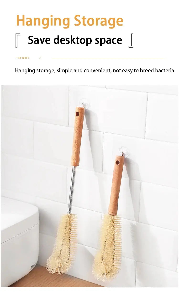 Wooden bottle cleaning brush with long handle, natural bristles, 2-pack hanging on white tiles