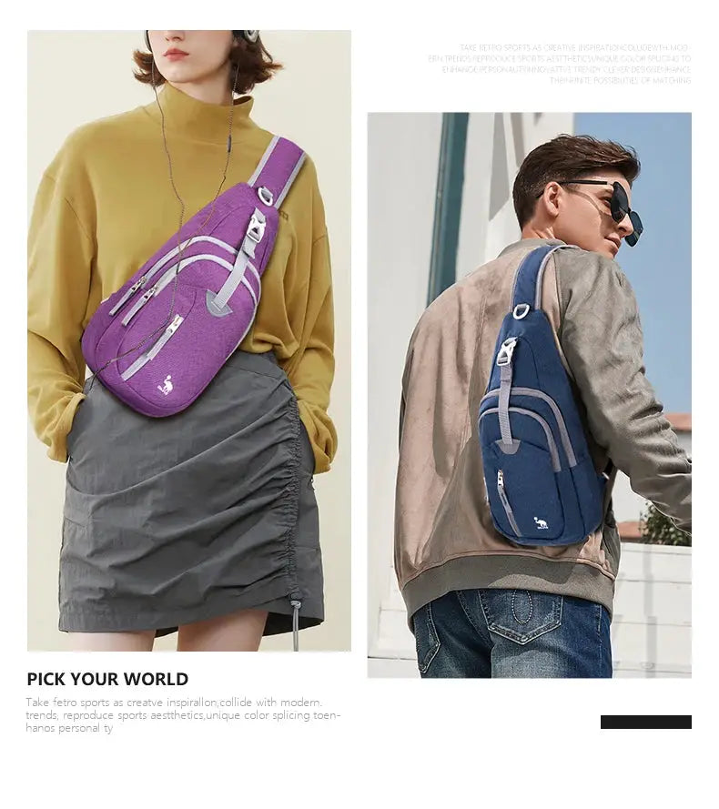 OIWAS casual crossbody chest bag sling for men, purple and blue, lightweight one-strap daypack; 2 bags shown