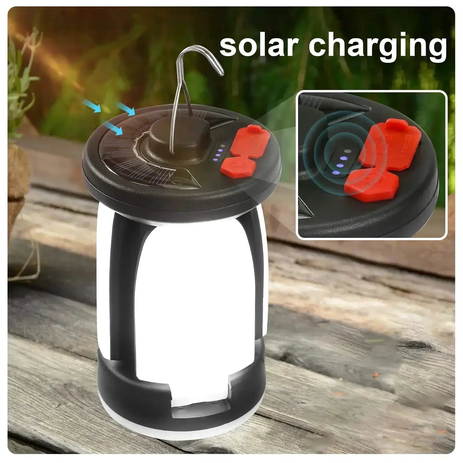 Outdoor LED camping lantern with solar charging and USB rechargeable, hanging hook, Simples Market