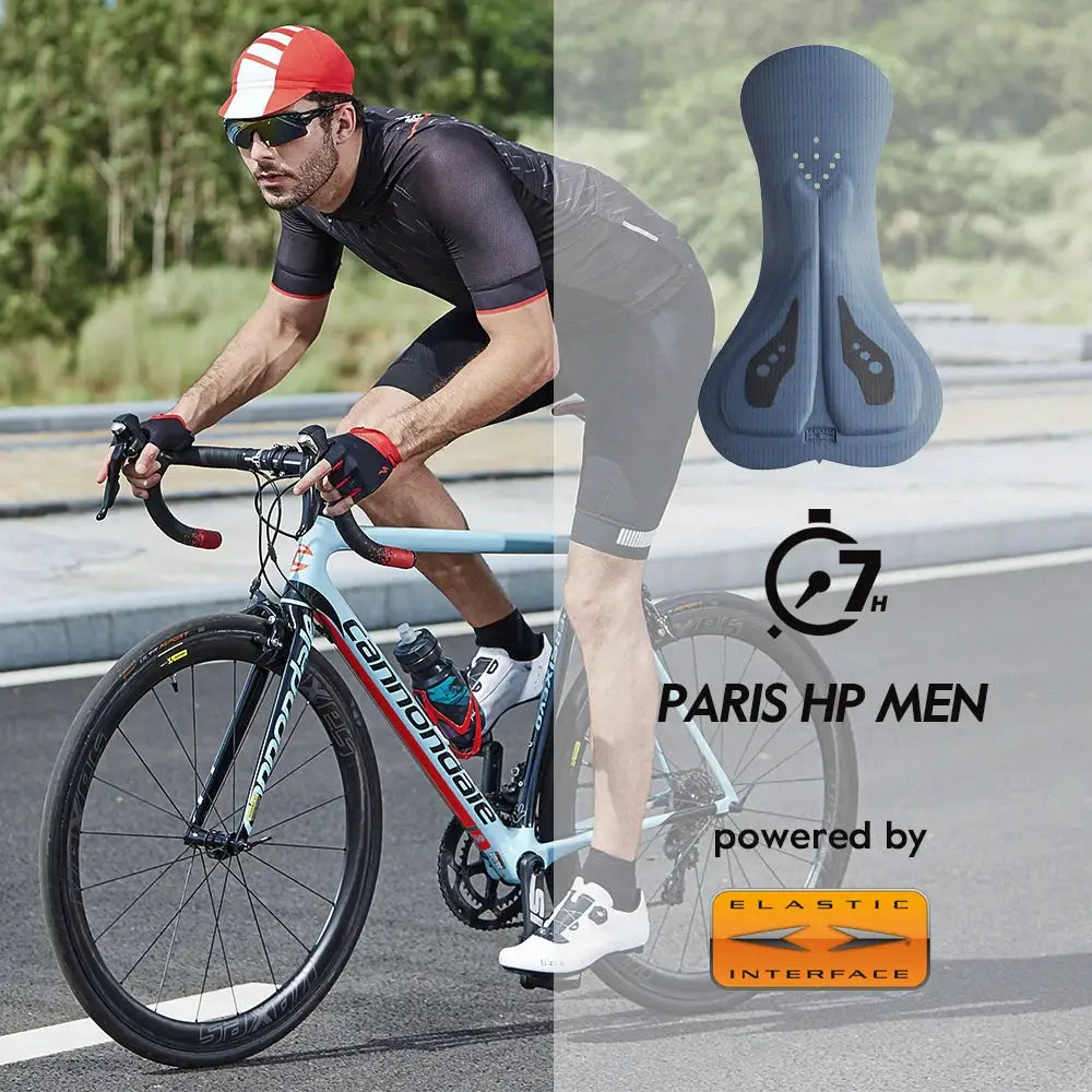 RION men's bib cycling shorts with Elastic Interface cushion for long-distance MTB riding, slim fit