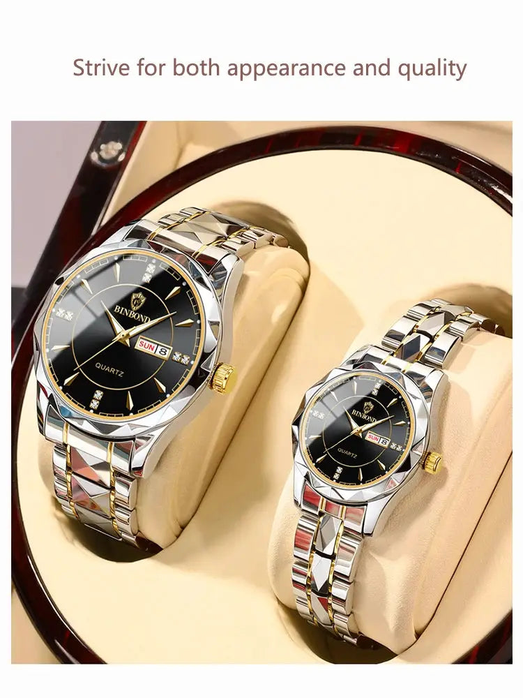 BINBONG women's watches set; stainless steel bracelets, black dials, gold-tone bezel, date window, two pieces