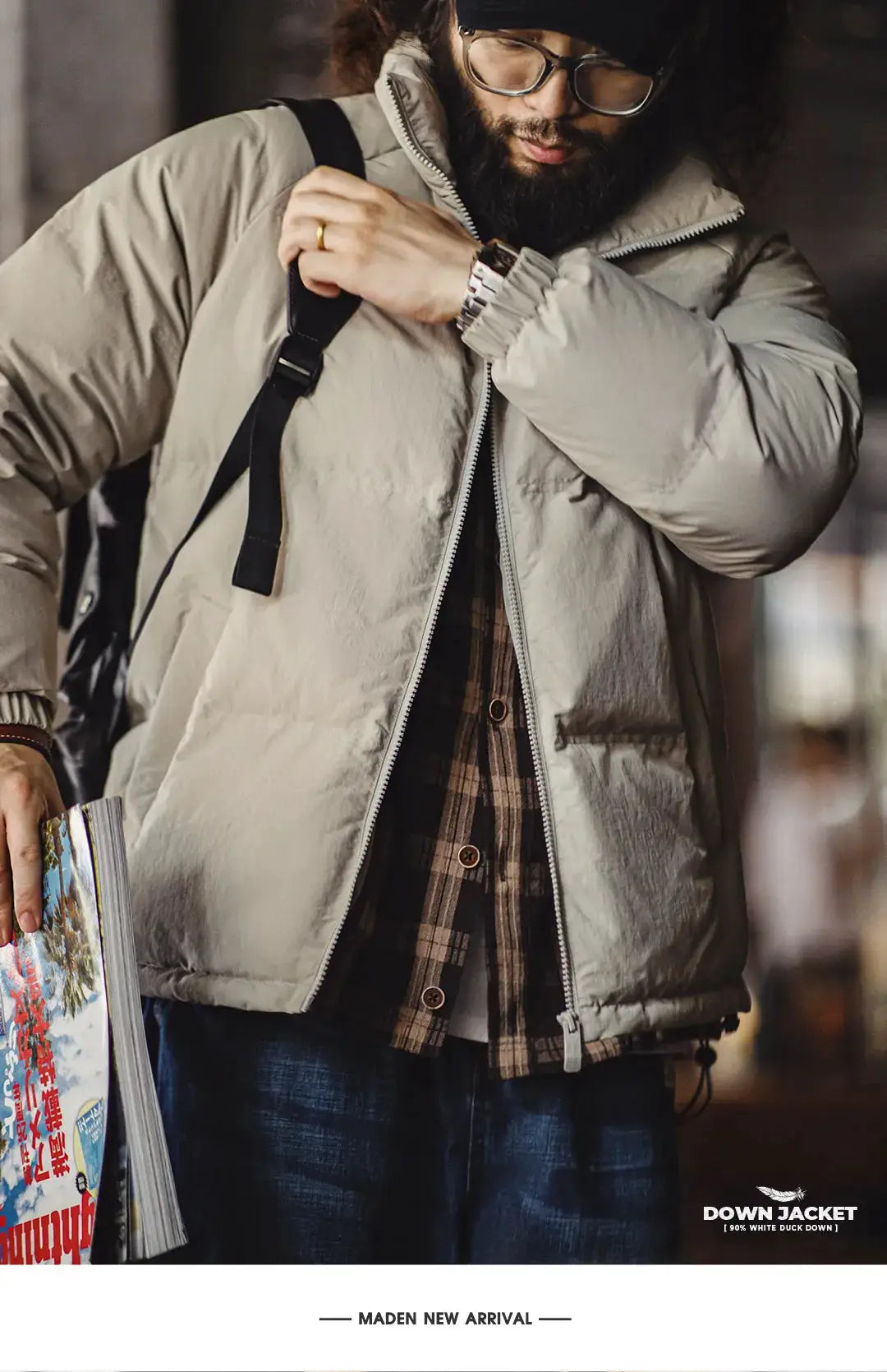 Maden winter down jacket for men in light gray with stand-up collar and front zipper, by Simples Market