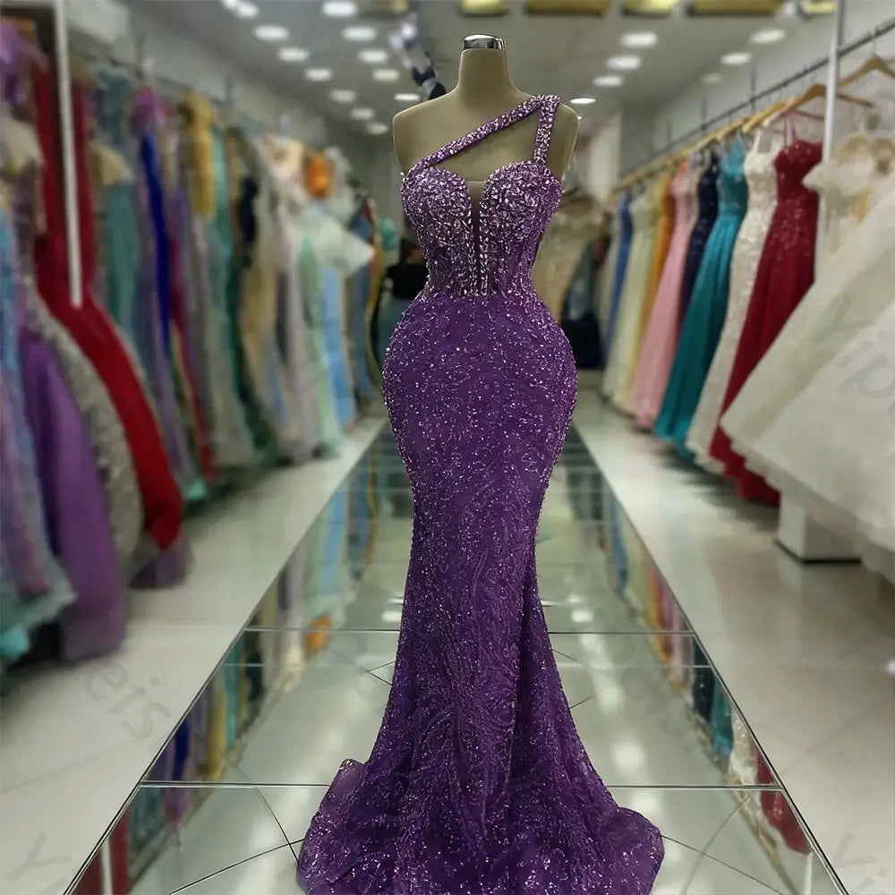 One Shoulder Backless Sequin Mermaid Evening Gown With Beading