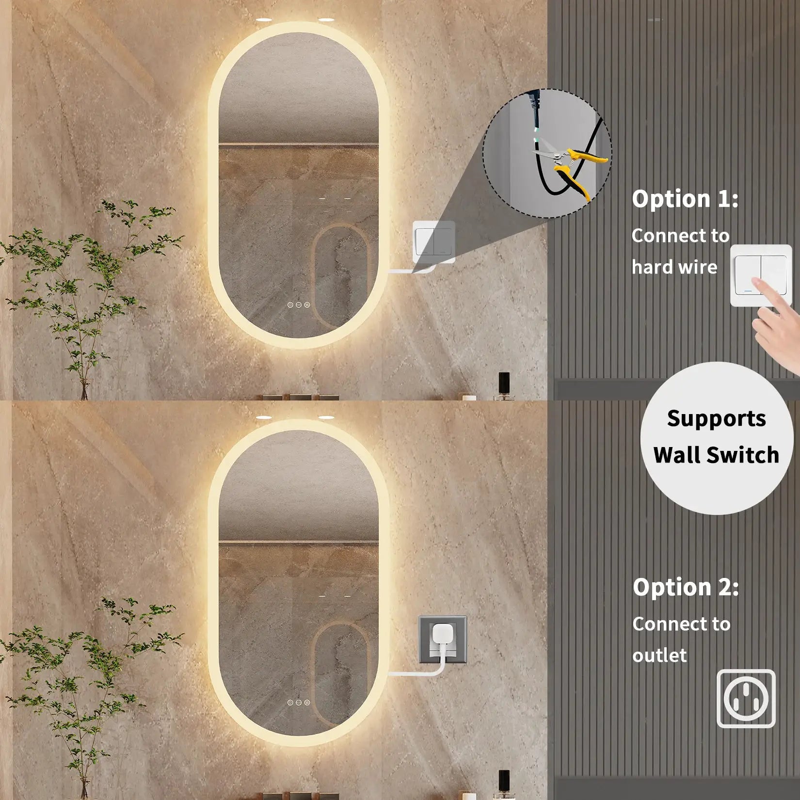 Simples Market LED oval backlit wall-mounted bathroom vanity mirror, frameless with anti-fog