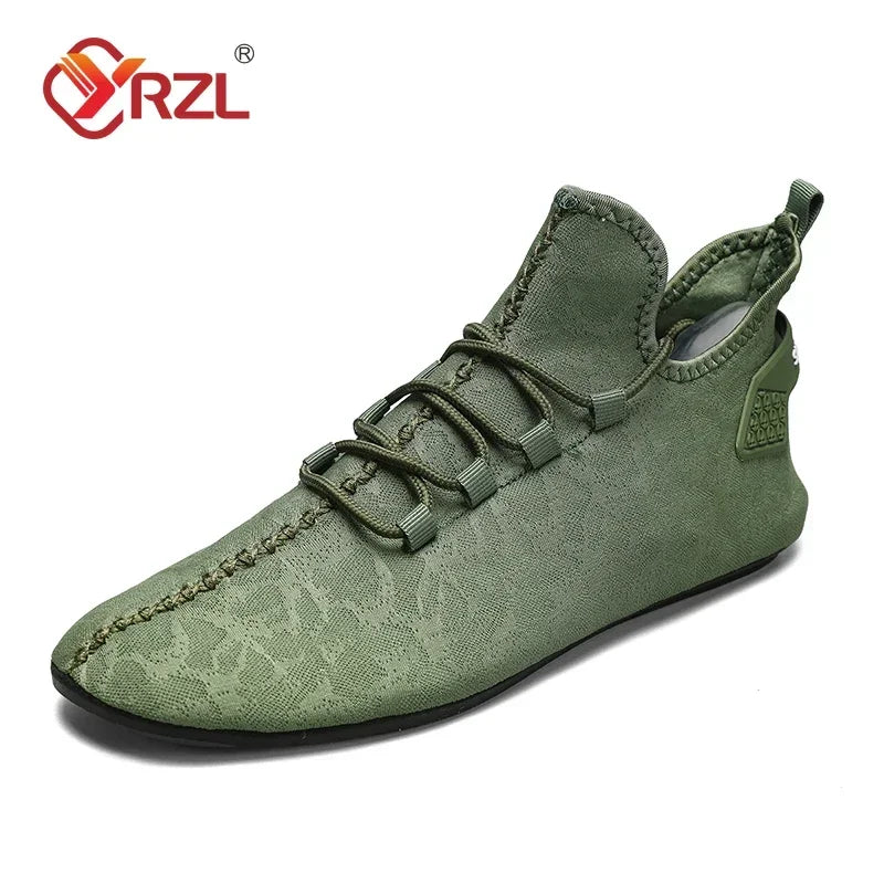 YRZL men's green mesh loafers, driving moccasin style with lace-up front and pull tab