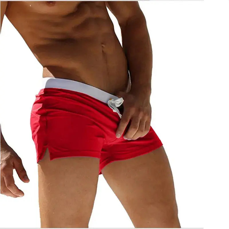 Men's red quick-drying swim trunks with white waistband; Simples Market boxer-style beach shorts