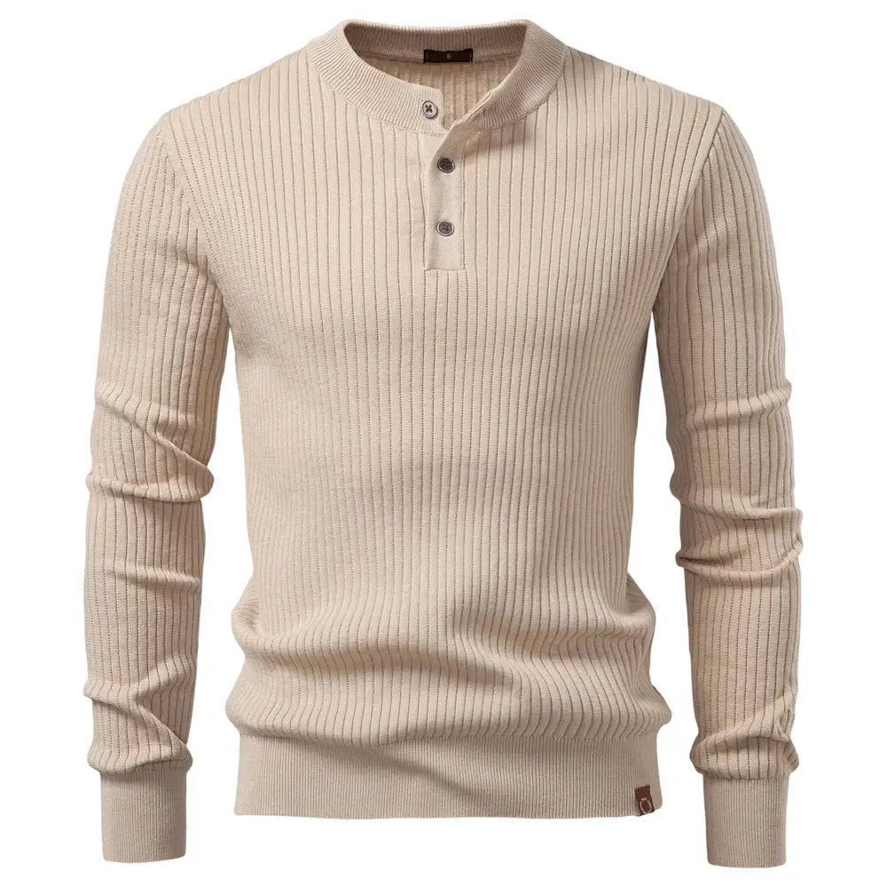 AIOPESON men's beige ribbed long-sleeve button-placket polo shirt