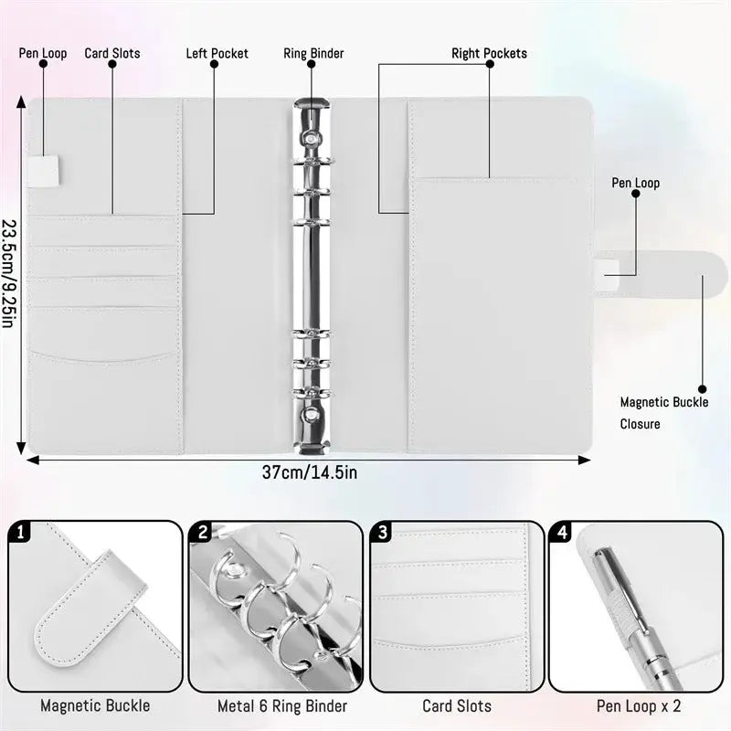 A5 photocard binder in white PU leather with 6-ring binder, card slots, pockets, pen loops, magnetic buckle