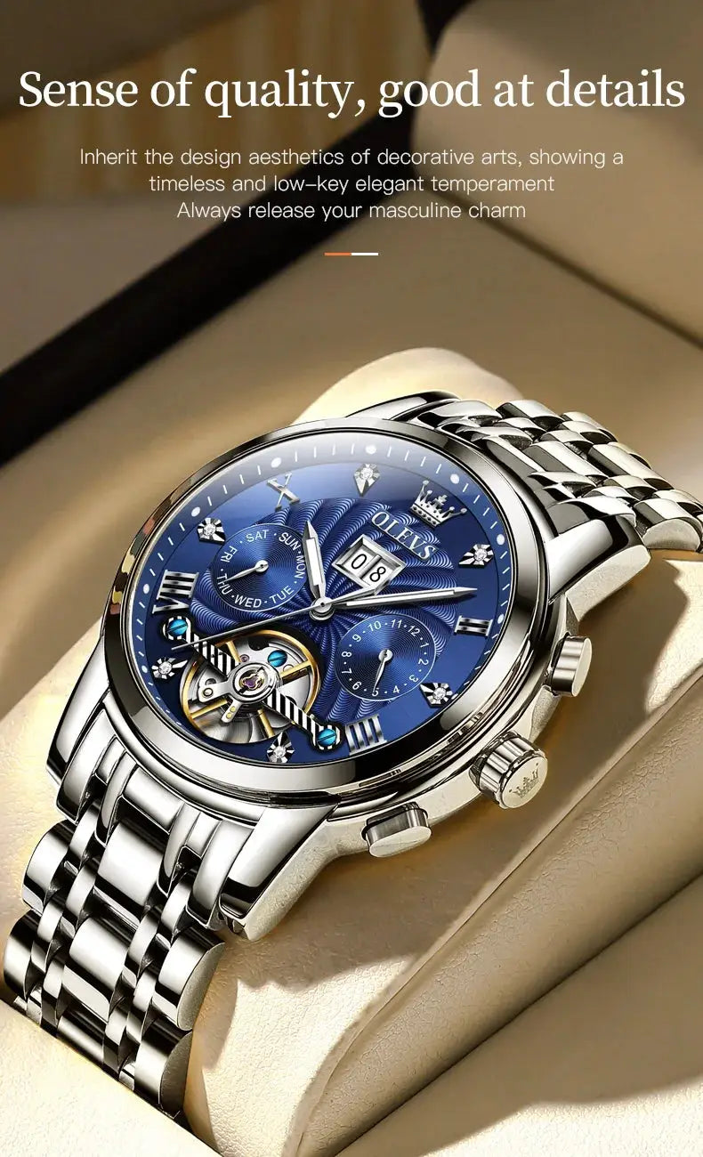 OLEVS Classic men's tourbillon automatic watch with blue dial and stainless steel bracelet