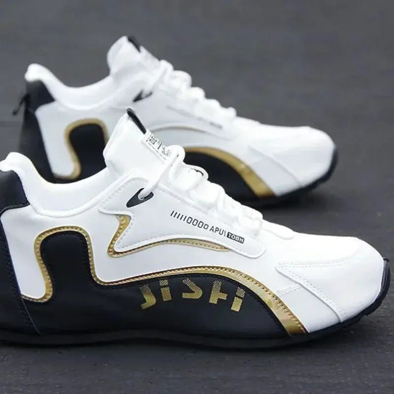 Men's PU leather waterproof sneakers, white with black heel and gold trim, lightweight breathable casual sports shoes