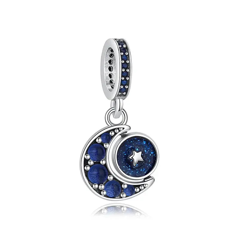 Sterling silver moon and star charm with blue zircon beads for bracelets and DIY necklaces