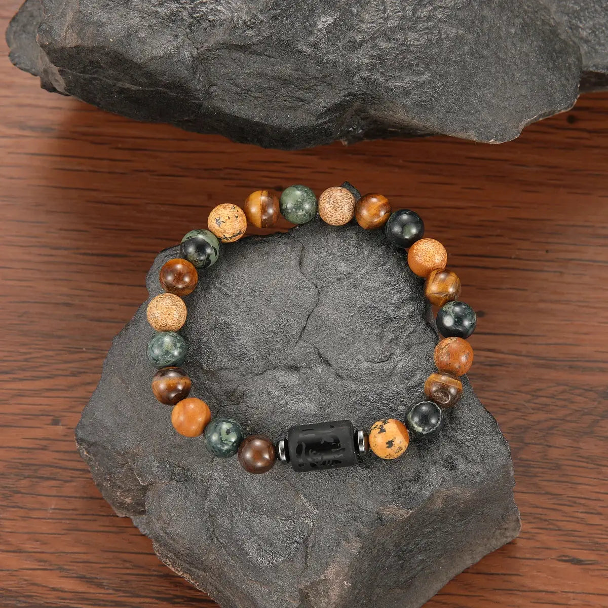 Natural Stone Tiger Eye Picture Jasper Round Beads 12 Constellations Unisex Bracelet