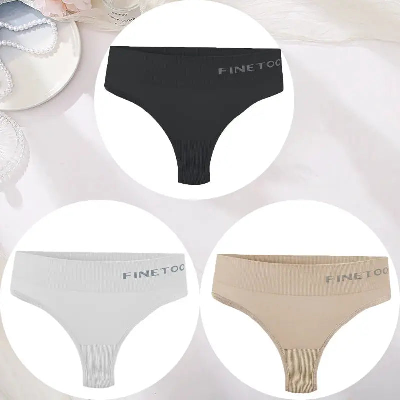 FINETOO 3-piece thong underwear set; seamless high-waist panties in black, white and beige (M-2XL)