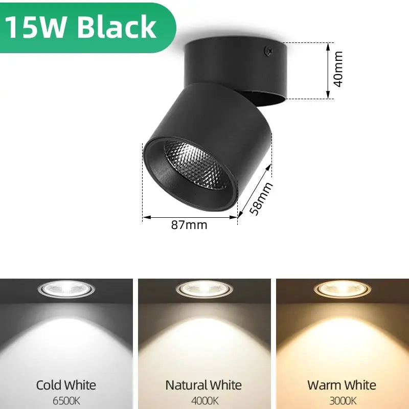 Spot Led Downlight black 15W, 220V, surface-mounted ceiling lamp with 3 color temperatures