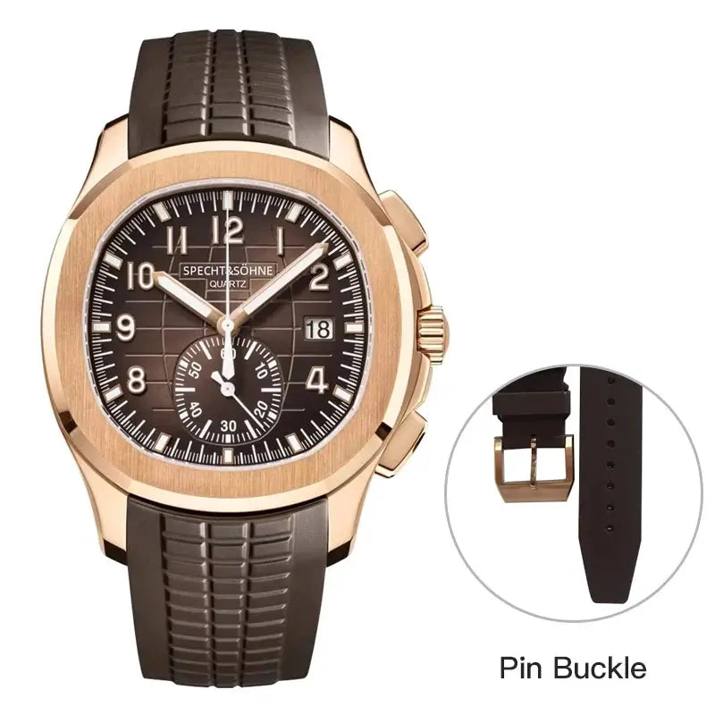 Specht & Söhne New Classic 5167 men's watch with rose-gold case, brown dial, and rubber strap, 50M water resistant