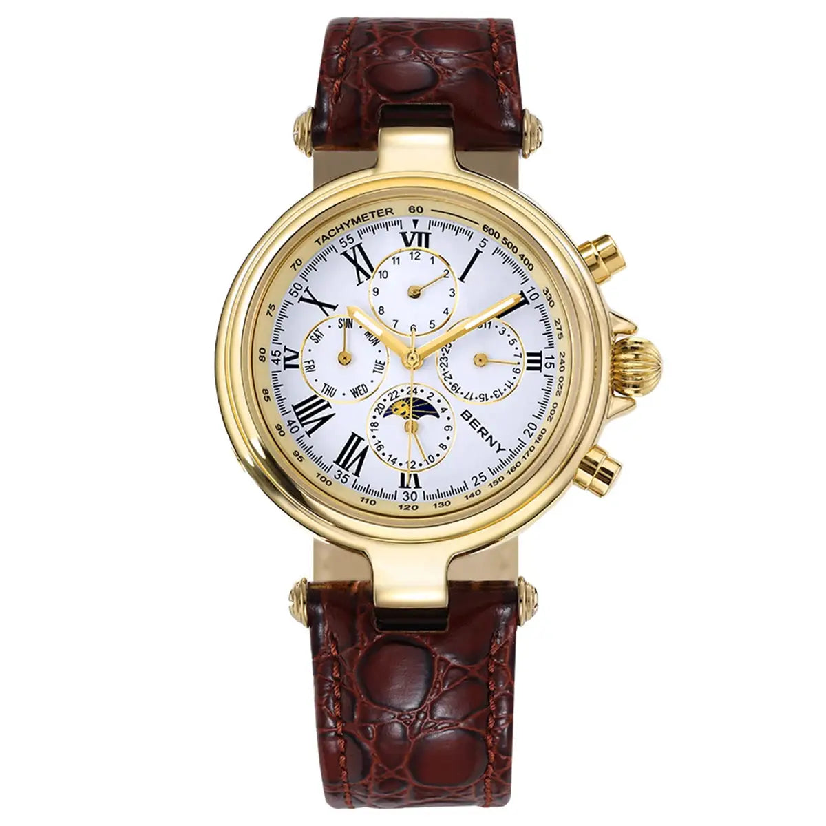 BERNY automatic men's watch with sun & moon phase, gold-tone case, white dial, Roman numerals, brown leather strap.