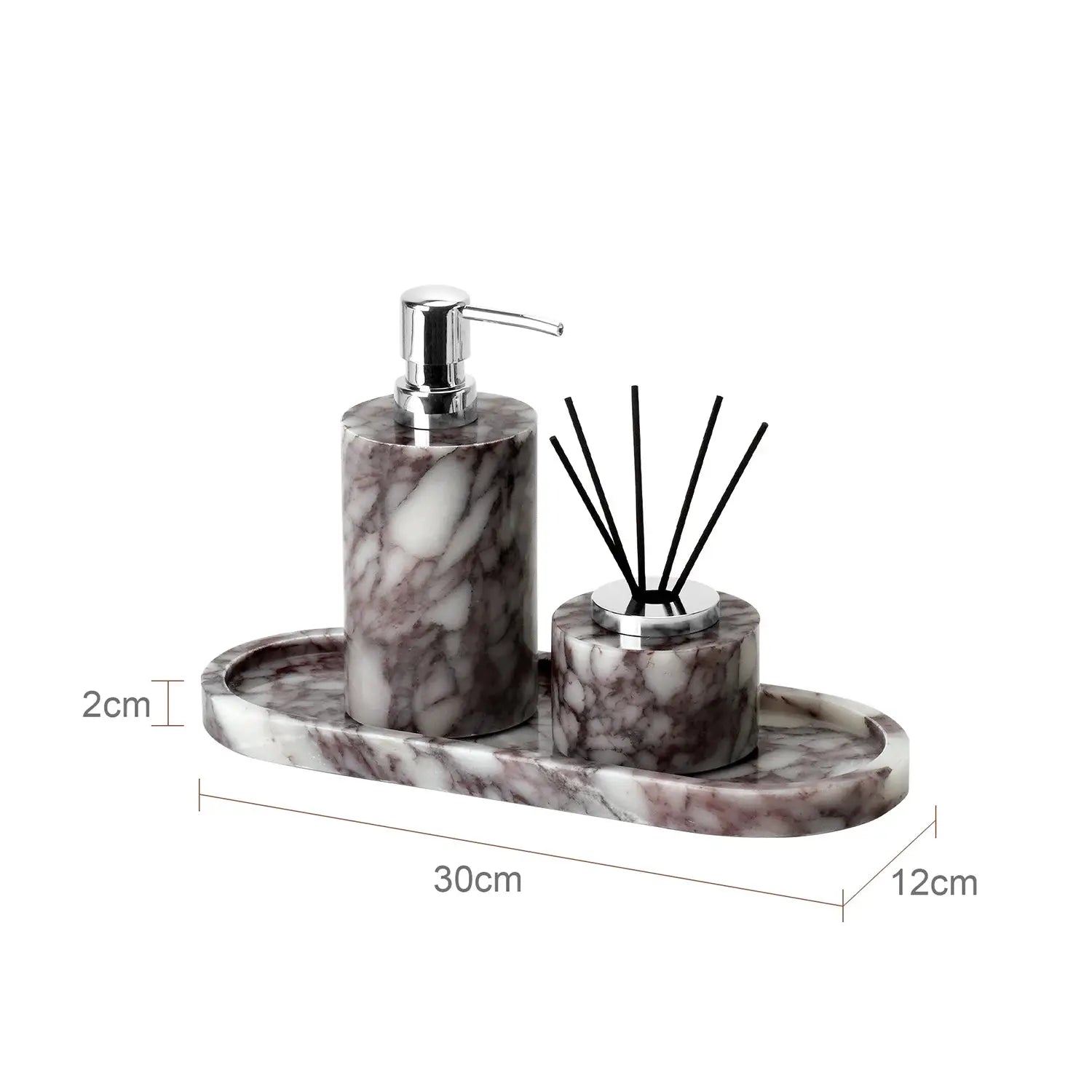 Calacatta Viola marble bathroom set with soap dispenser and cotton-swabs jar on a matching tray by Simples Market