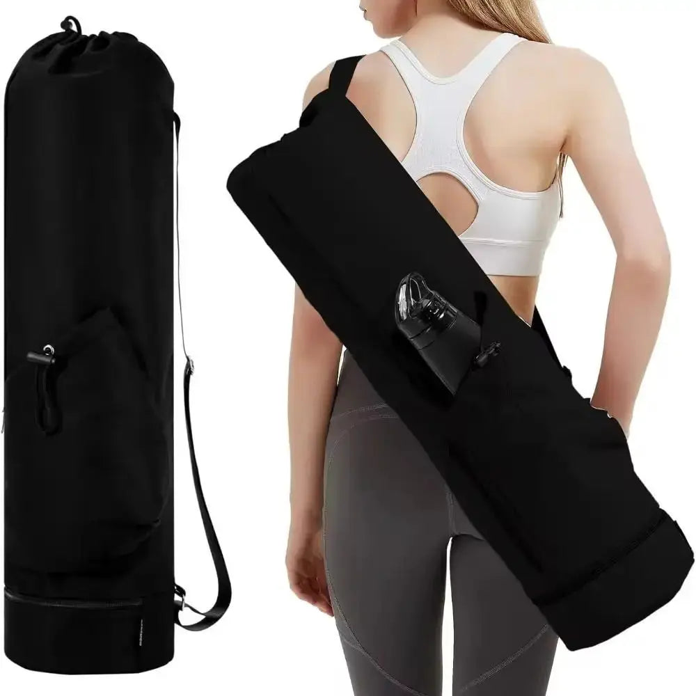 Yoga mat backpack, black with large capacity and waterproof fabric; adjustable shoulder straps and bottle pocket.