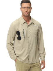 Men's long-sleeve fishing shirt by Simples Market in beige with zip pocket and UPF 50+